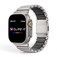 Bracelet Duetto acier & silicone sport titane & noir, vue de face - Apple Watch | Clipz-it
