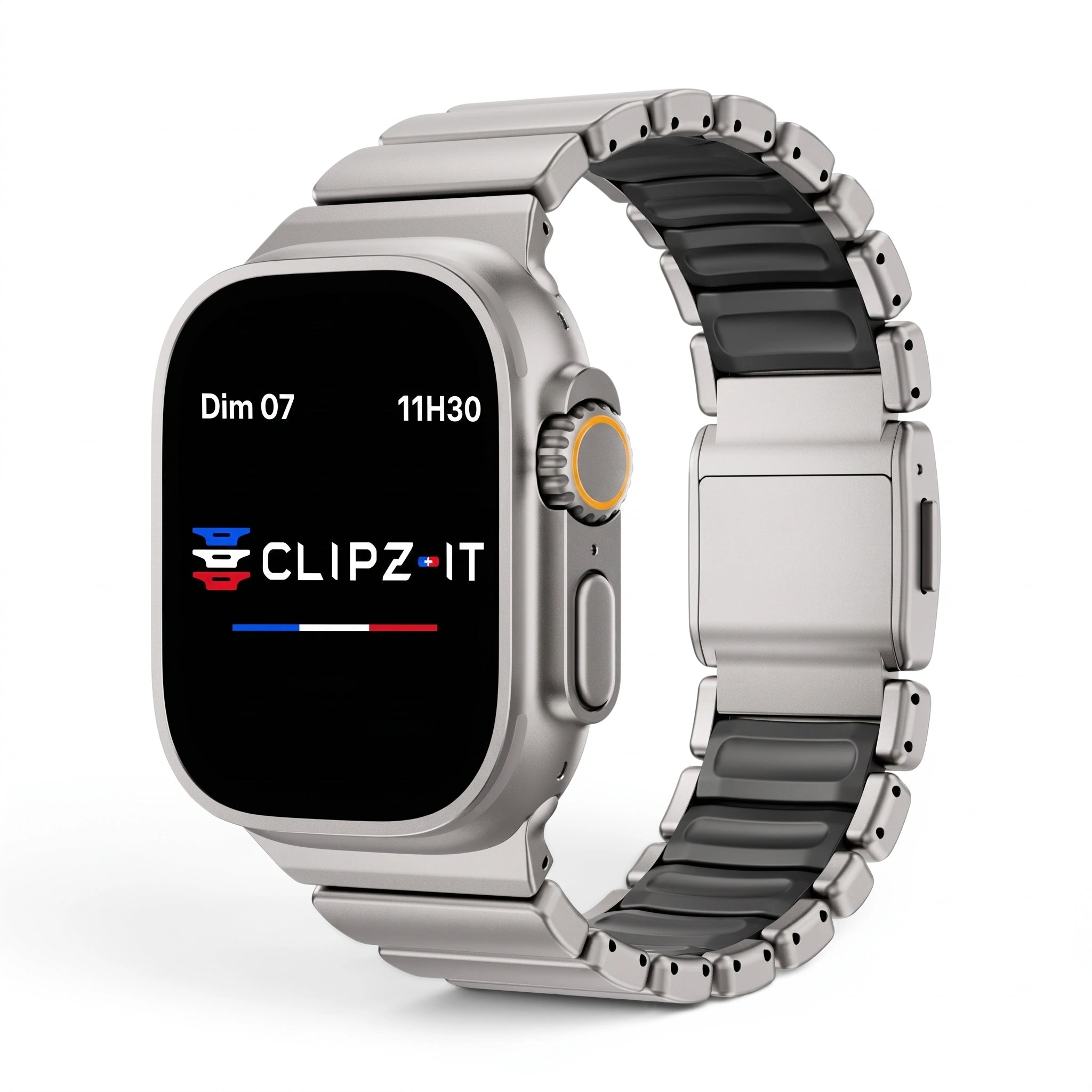 Bracelet Duetto acier & silicone sport titane & noir, vue de face - Apple Watch | Clipz-it