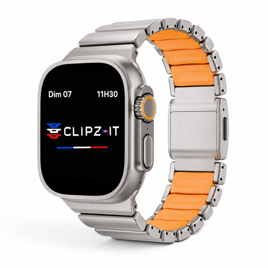 Bracelet Duetto acier & silicone sport titane & orange, vue de face - Apple Watch | Clipz-it