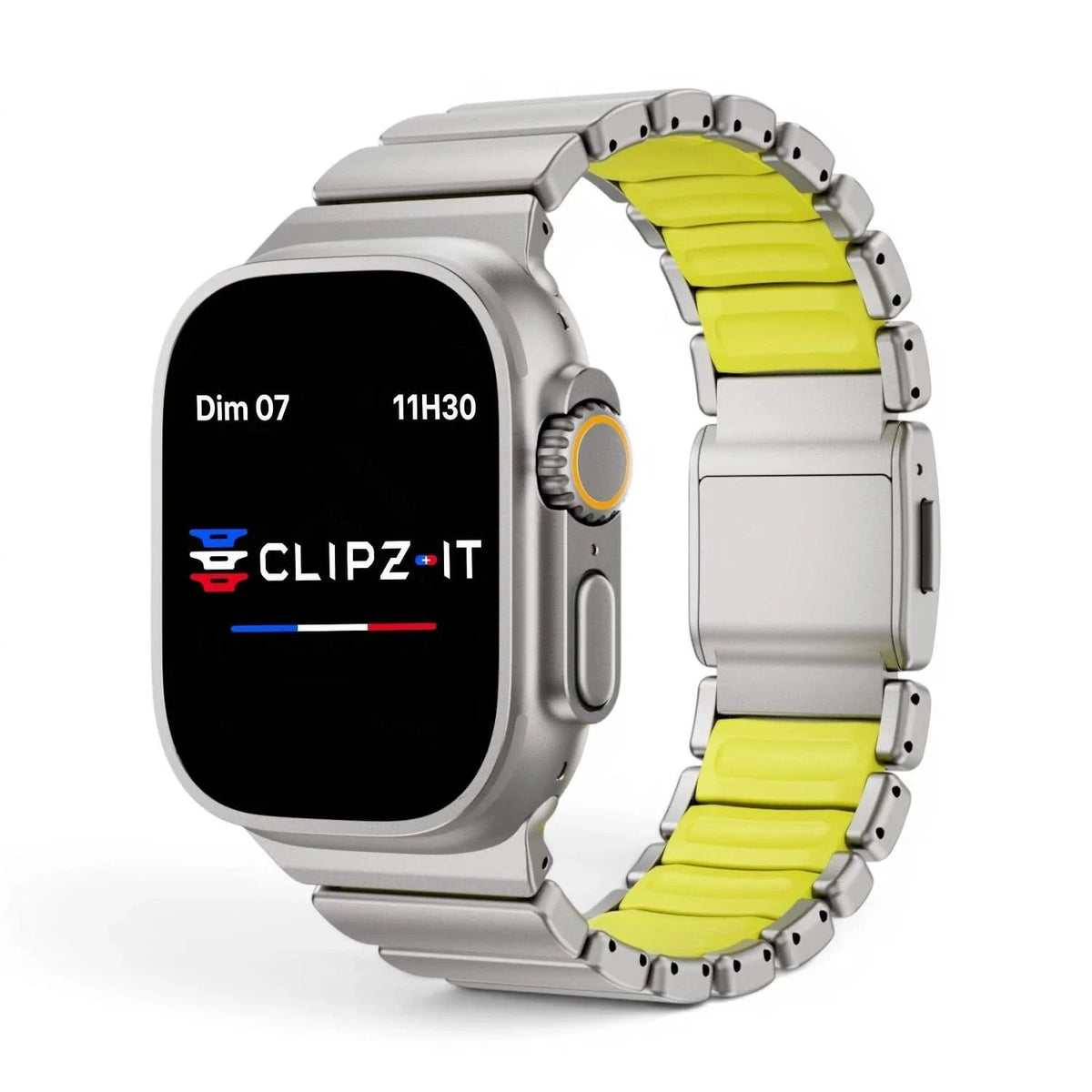 Bracelet Duetto acier & silicone sport titane & vert, vue de face - Apple Watch | Clipz-it