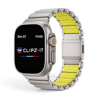 Bracelet Duetto acier & silicone sport titane & vert, vue de face - Apple Watch | Clipz-it