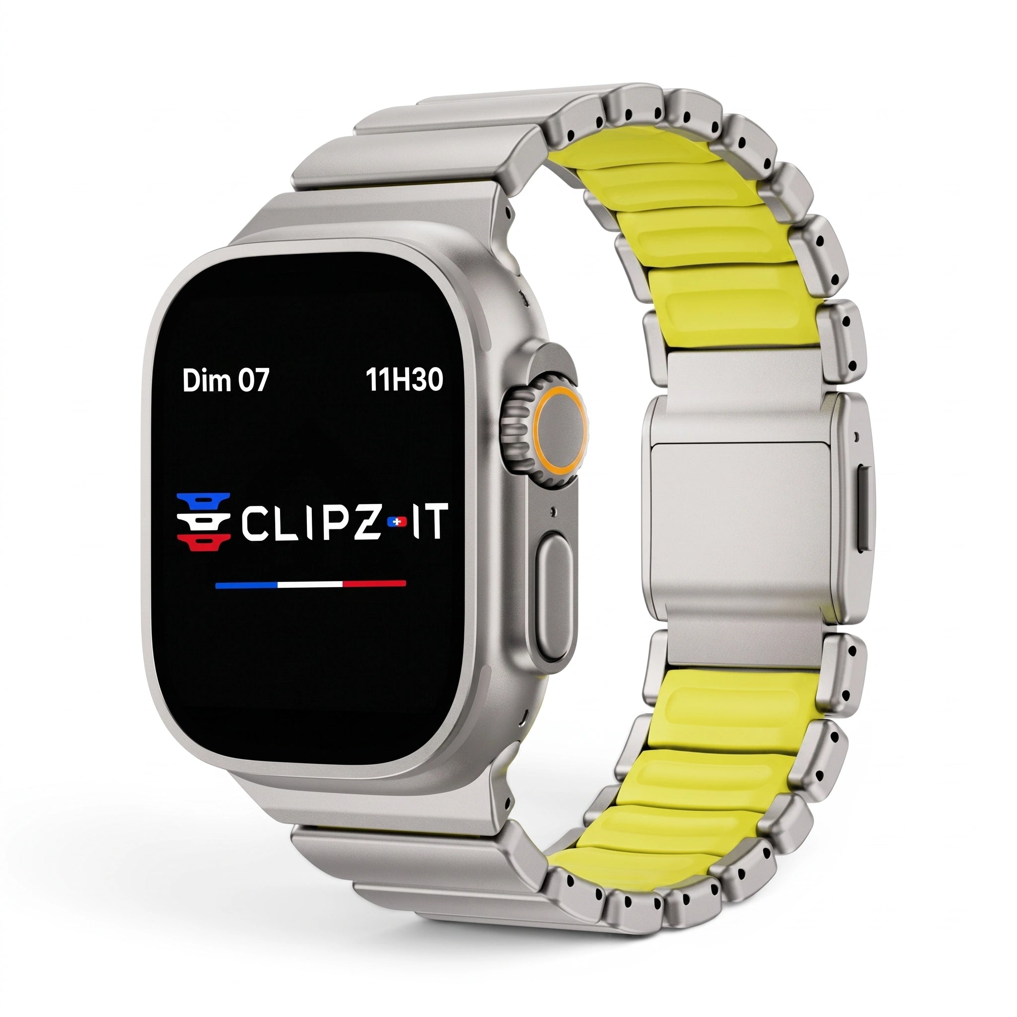 Bracelet Duetto acier & silicone sport titane & vert, vue de face - Apple Watch | Clipz-it