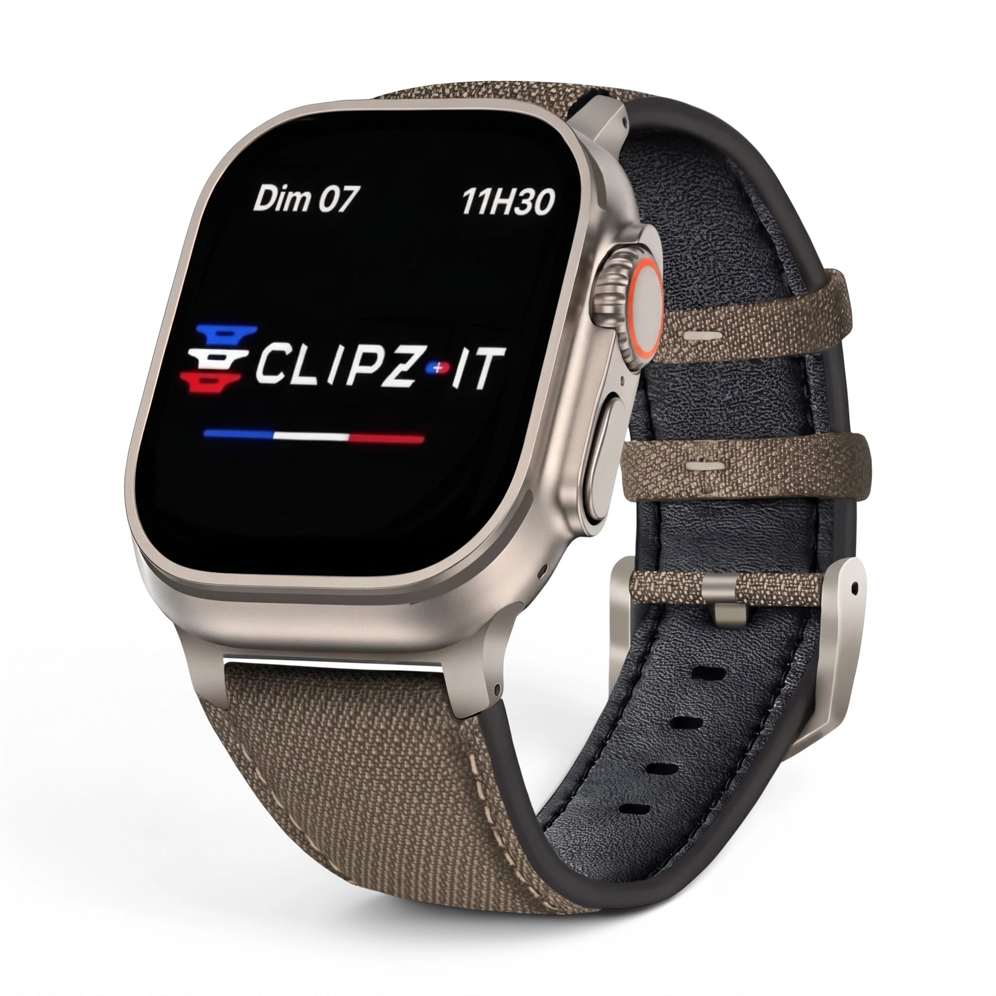 Bracelet DuoWeave cuir & nylon ambre sauvage, vue de face 2 - Apple Watch | Clipz-it