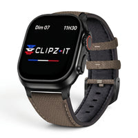 Bracelet DuoWeave cuir & nylon ambre sauvage, vue de face - Apple Watch | Clipz-it