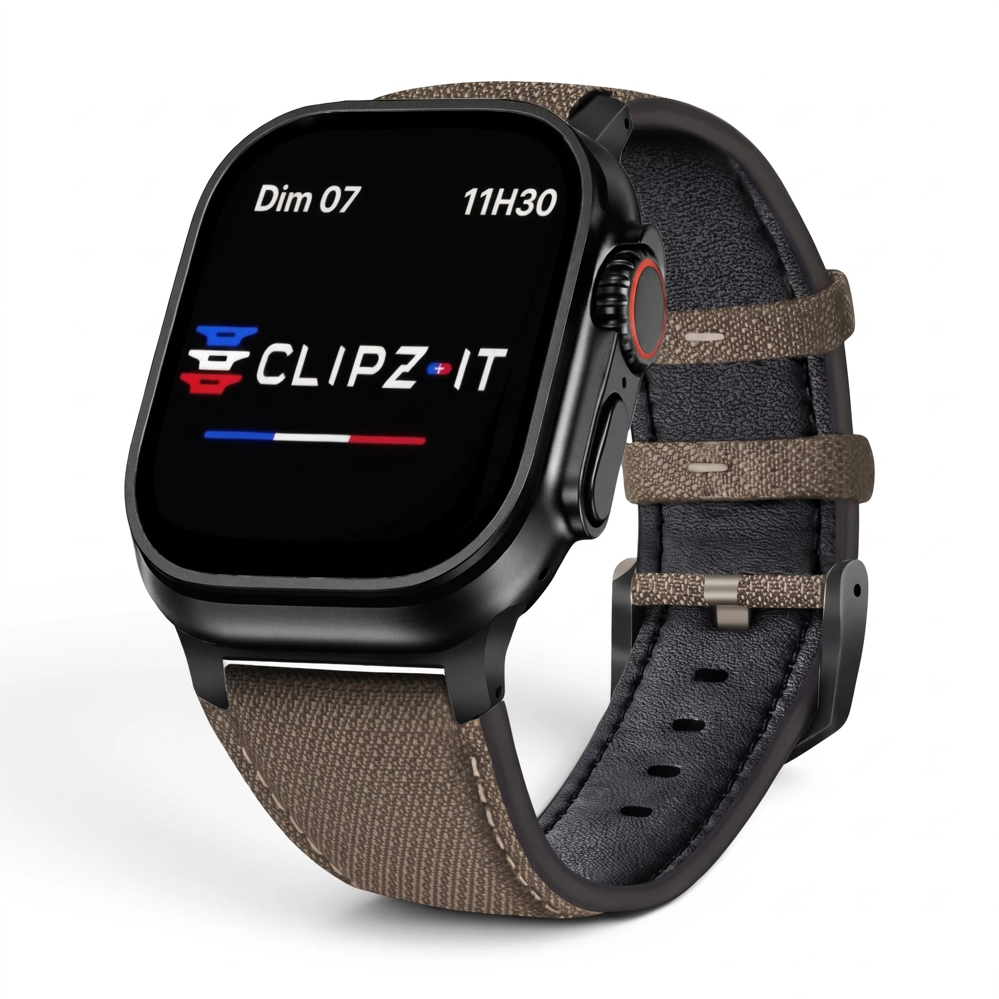 Bracelet DuoWeave cuir & nylon ambre sauvage, vue de face - Apple Watch | Clipz-it