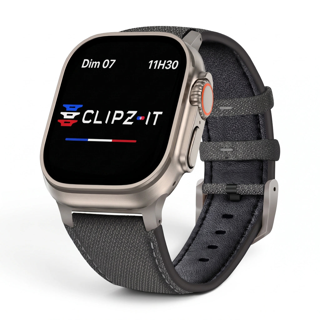 Bracelet DuoWeave cuir & nylon anthracite, vue de face 2 - Apple Watch | Clipz-it