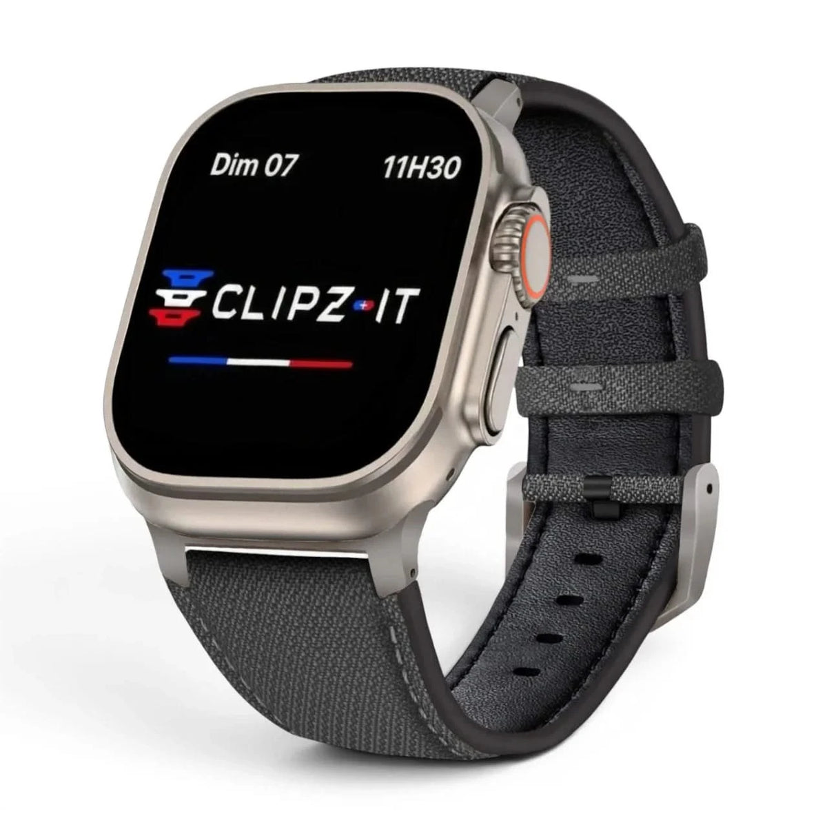 Bracelet DuoWeave cuir & nylon anthracite, vue de face 2 - Apple Watch | Clipz-it