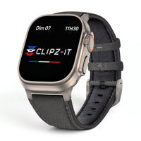 Bracelet DuoWeave cuir & nylon anthracite, vue de face 2 - Apple Watch | Clipz-it