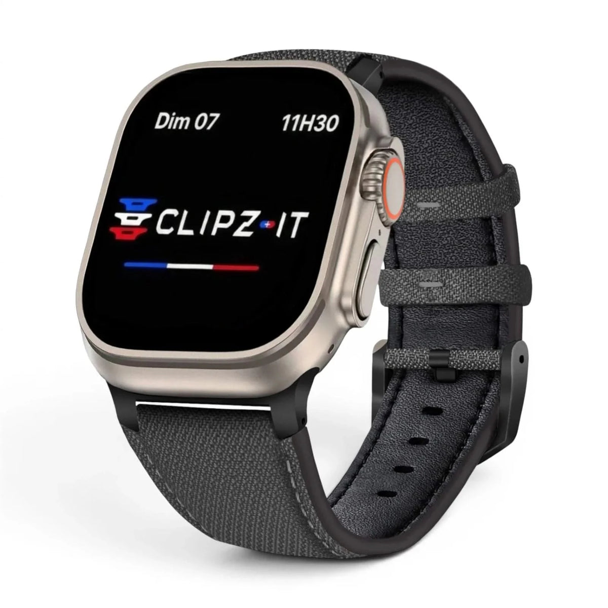 Bracelet DuoWeave cuir & nylon anthracite, vue de face - Apple Watch | Clipz-it