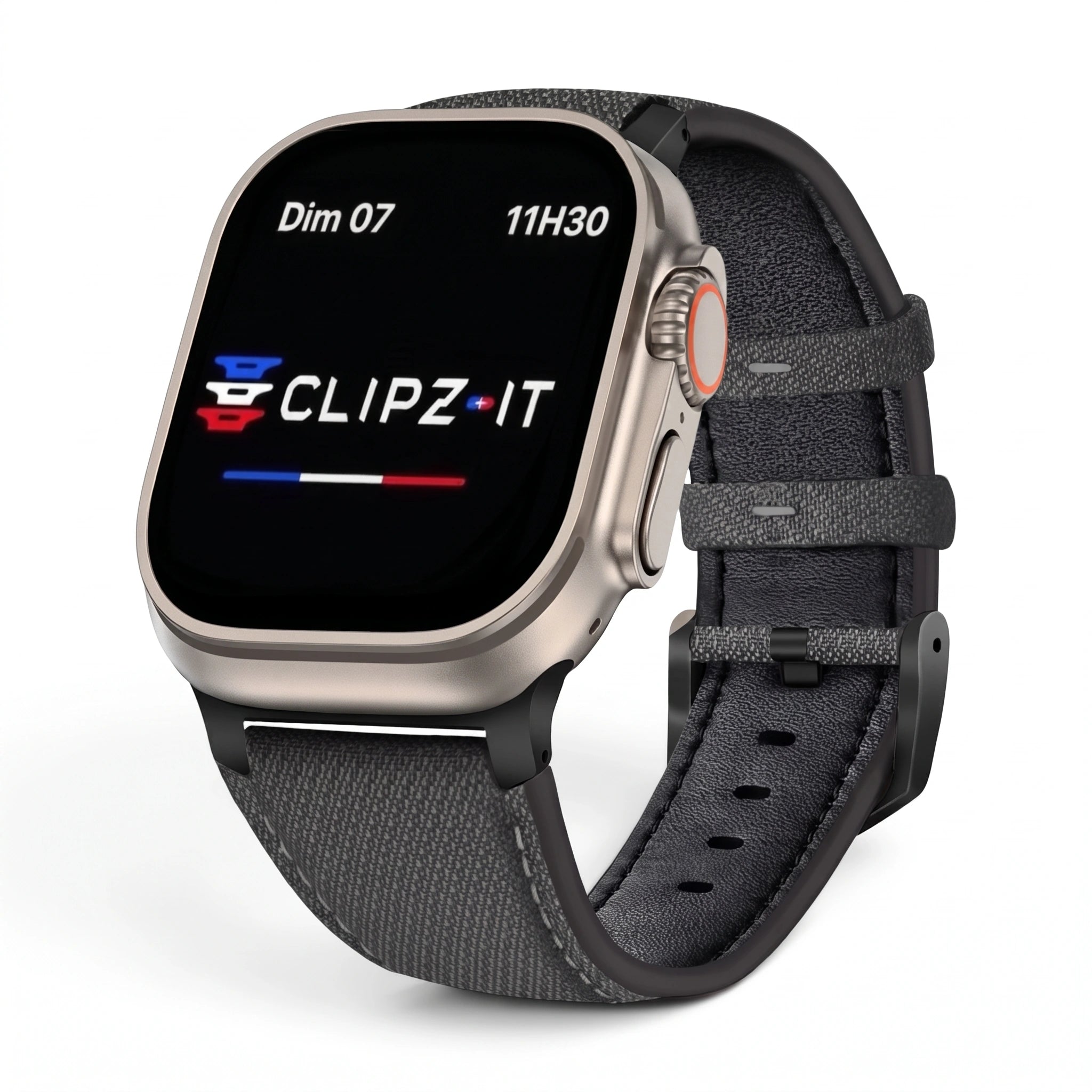 Bracelet DuoWeave cuir & nylon anthracite, vue de face - Apple Watch | Clipz-it