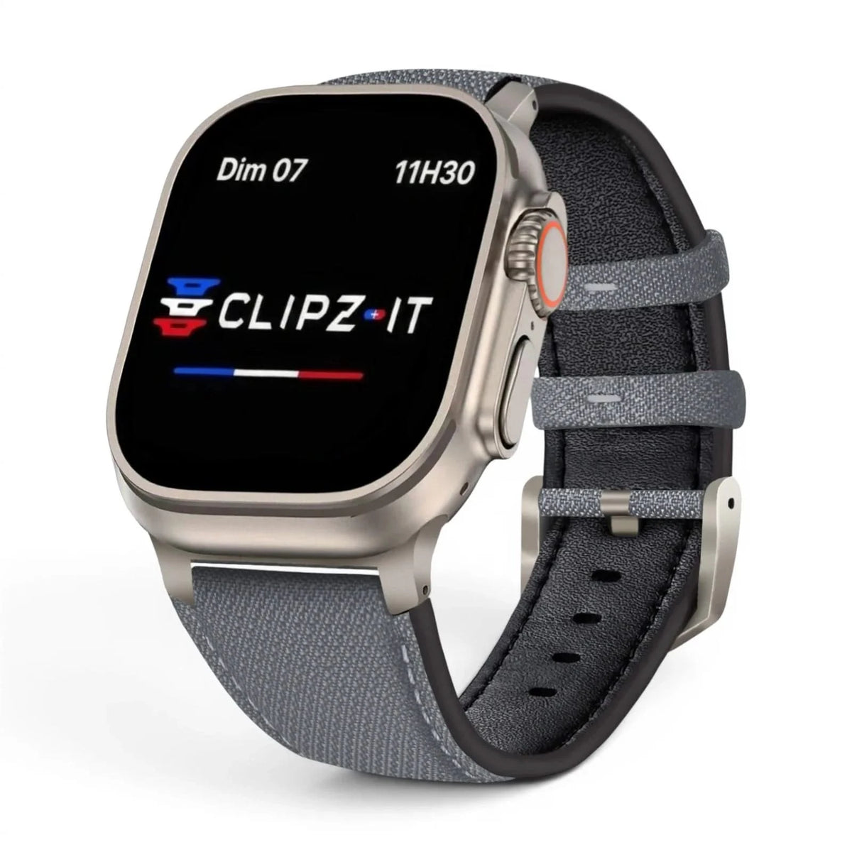 Bracelet DuoWeave cuir & nylon brume arctique, vue de face 2 - Apple Watch | Clipz-it