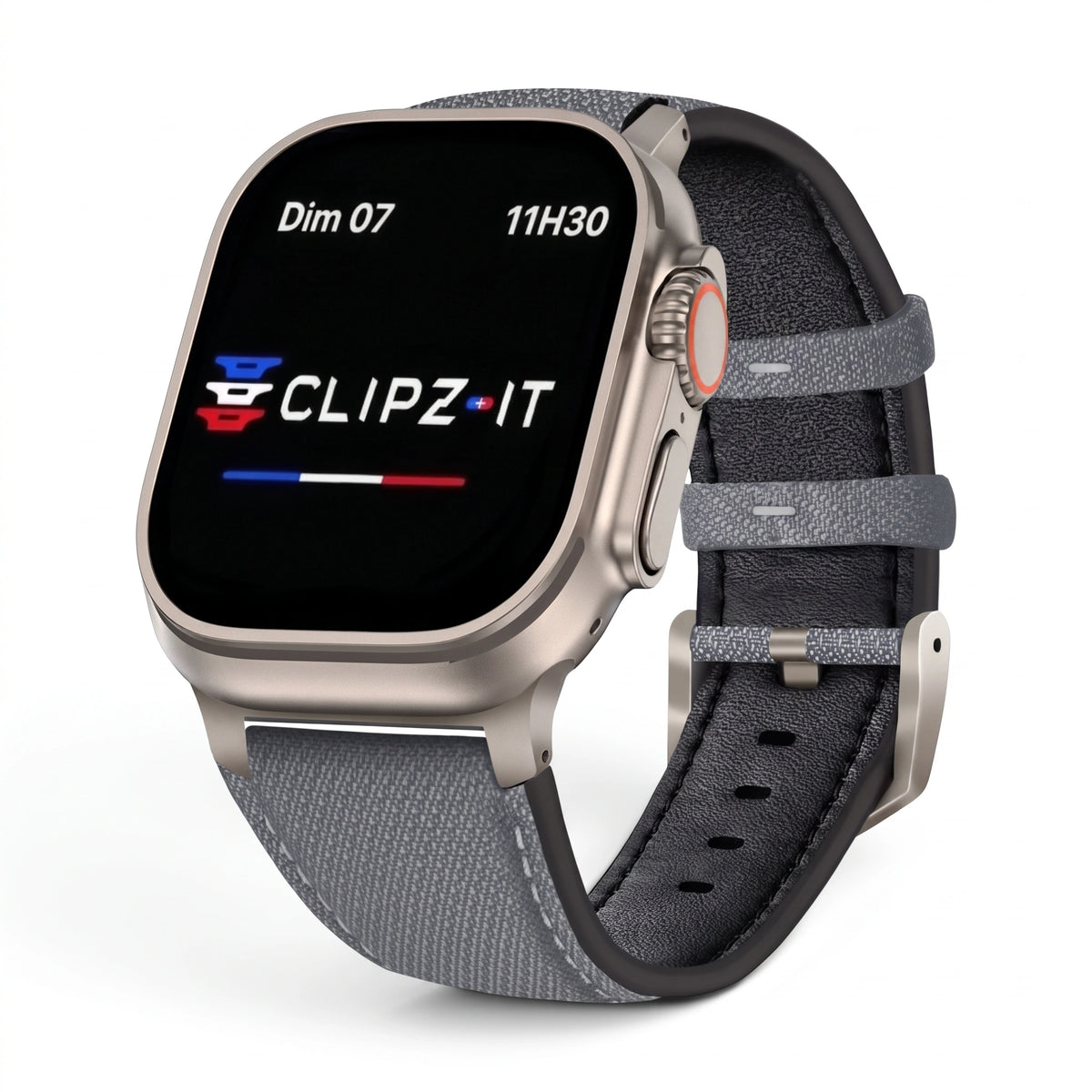 Bracelet DuoWeave cuir & nylon brume arctique, vue de face 2 - Apple Watch | Clipz-it