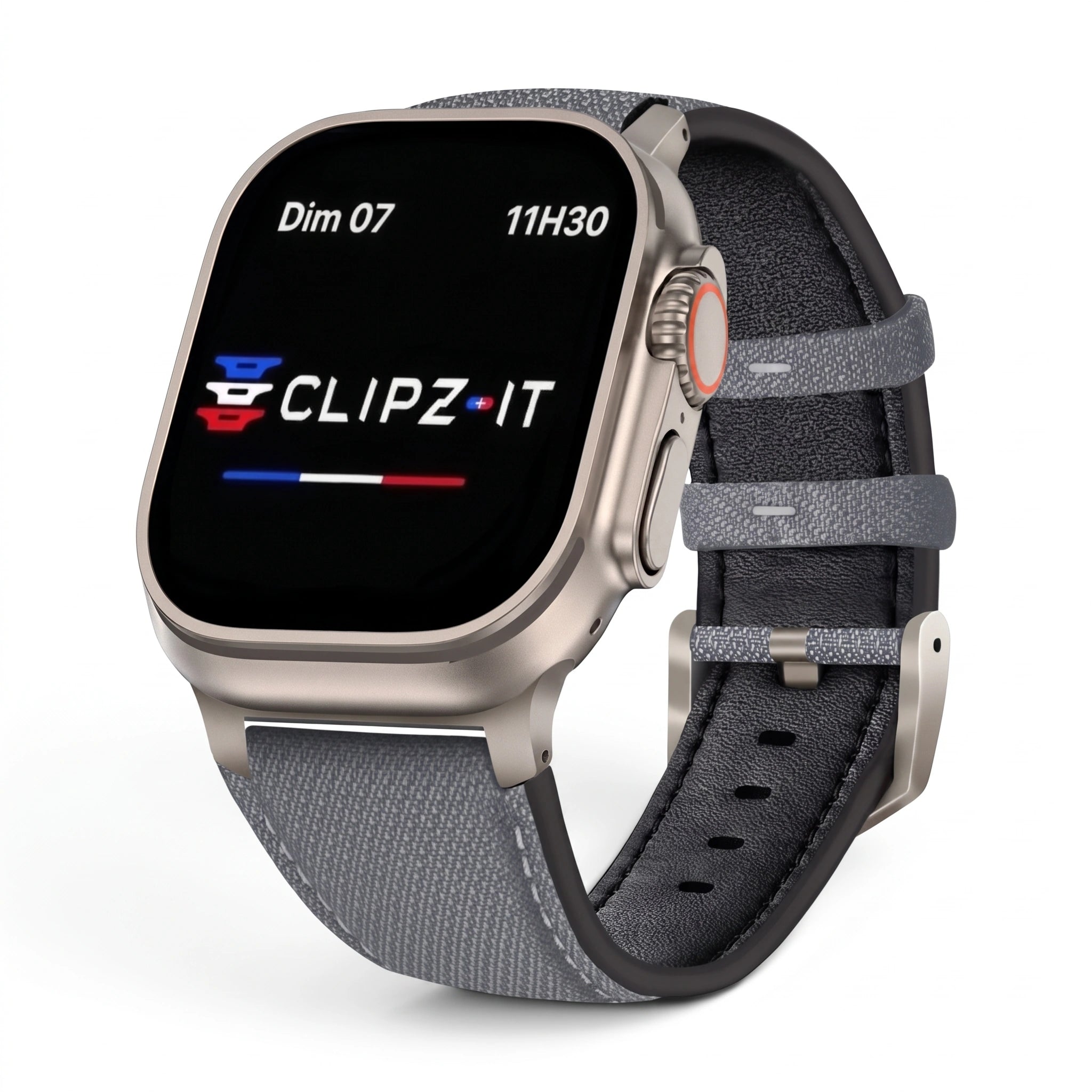 Bracelet DuoWeave cuir & nylon brume arctique, vue de face 2 - Apple Watch | Clipz-it
