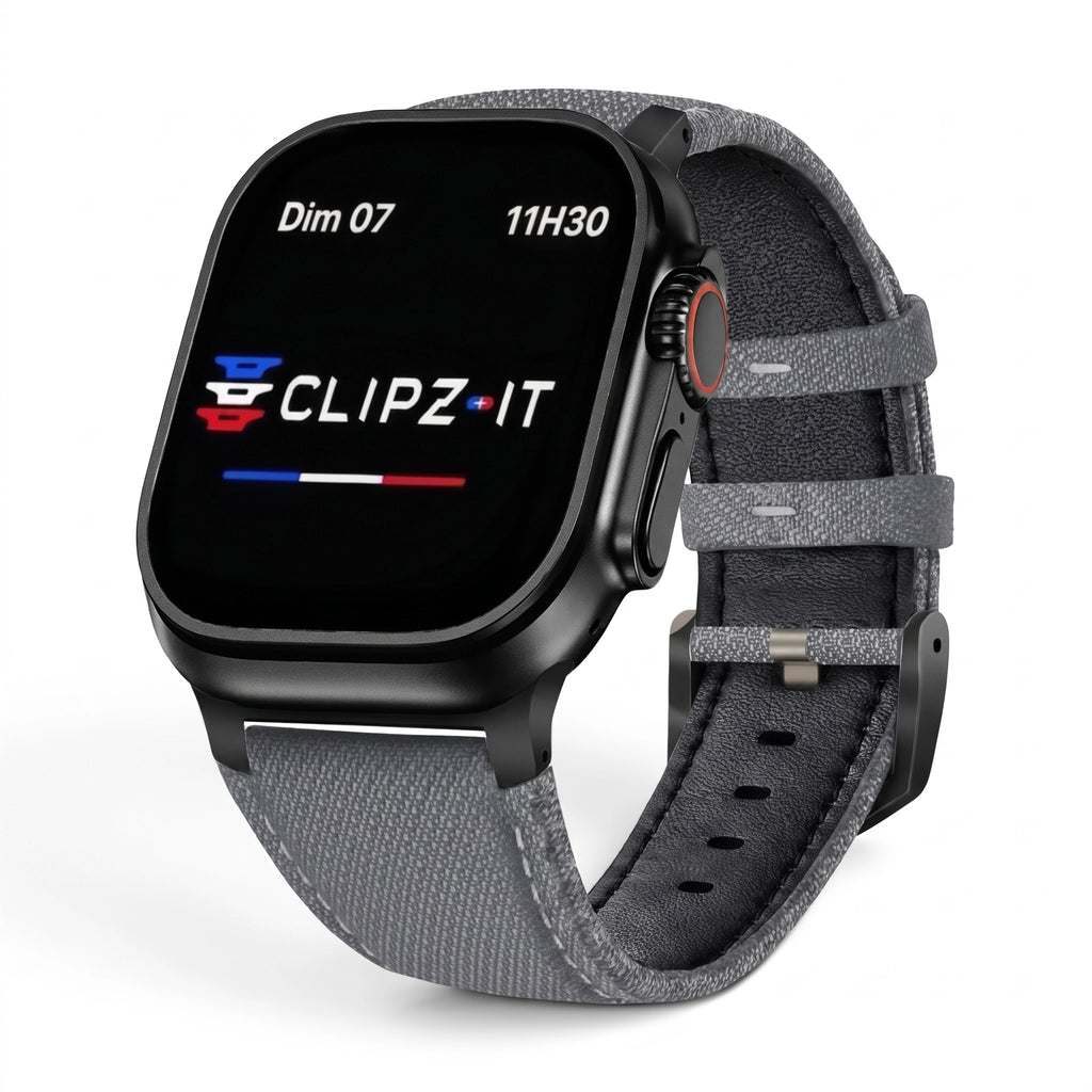 Bracelet DuoWeave cuir & nylon brume arctique, vue de face - Apple Watch | Clipz-it