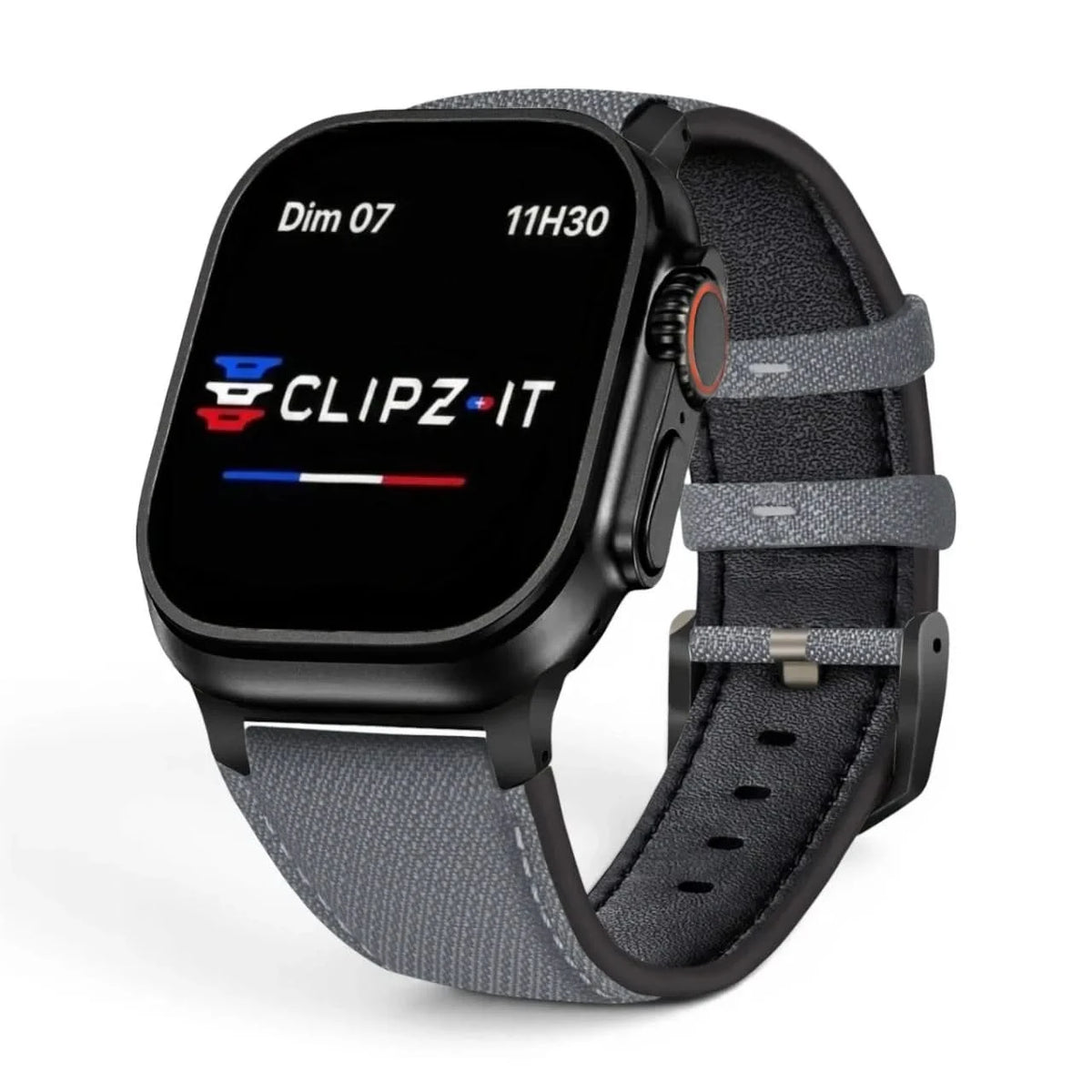 Bracelet DuoWeave cuir & nylon brume arctique, vue de face - Apple Watch | Clipz-it