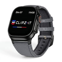 Bracelet DuoWeave cuir & nylon brume arctique, vue de face - Apple Watch | Clipz-it