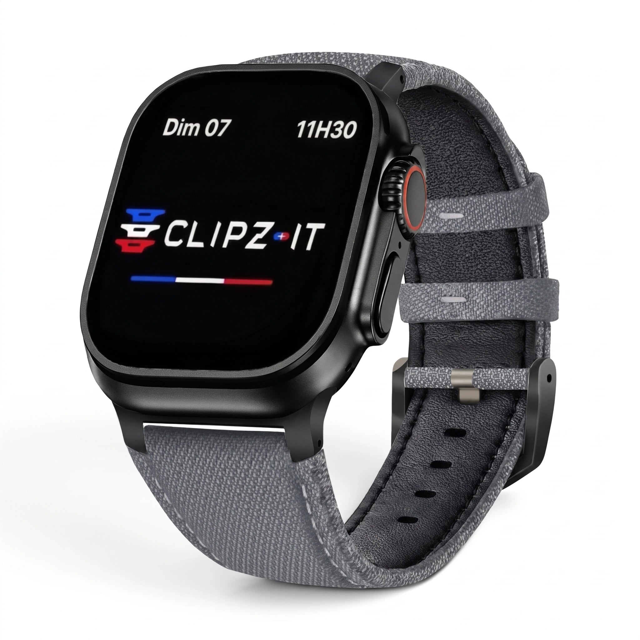 Bracelet DuoWeave cuir & nylon brume arctique, vue de face - Apple Watch | Clipz-it
