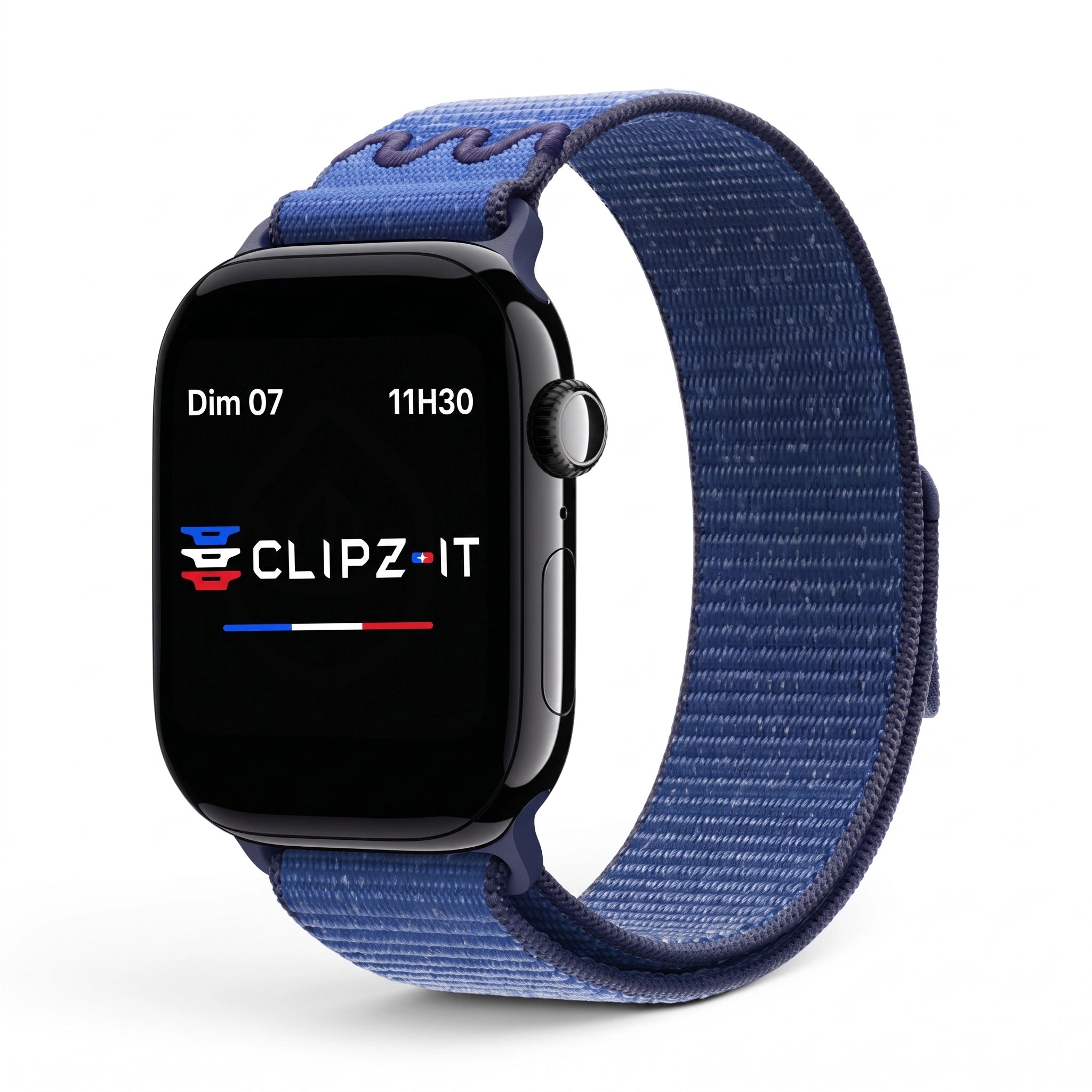 Bracelet Elastik nylon sportif bleu, vue de face - Apple Watch | Clipz-it