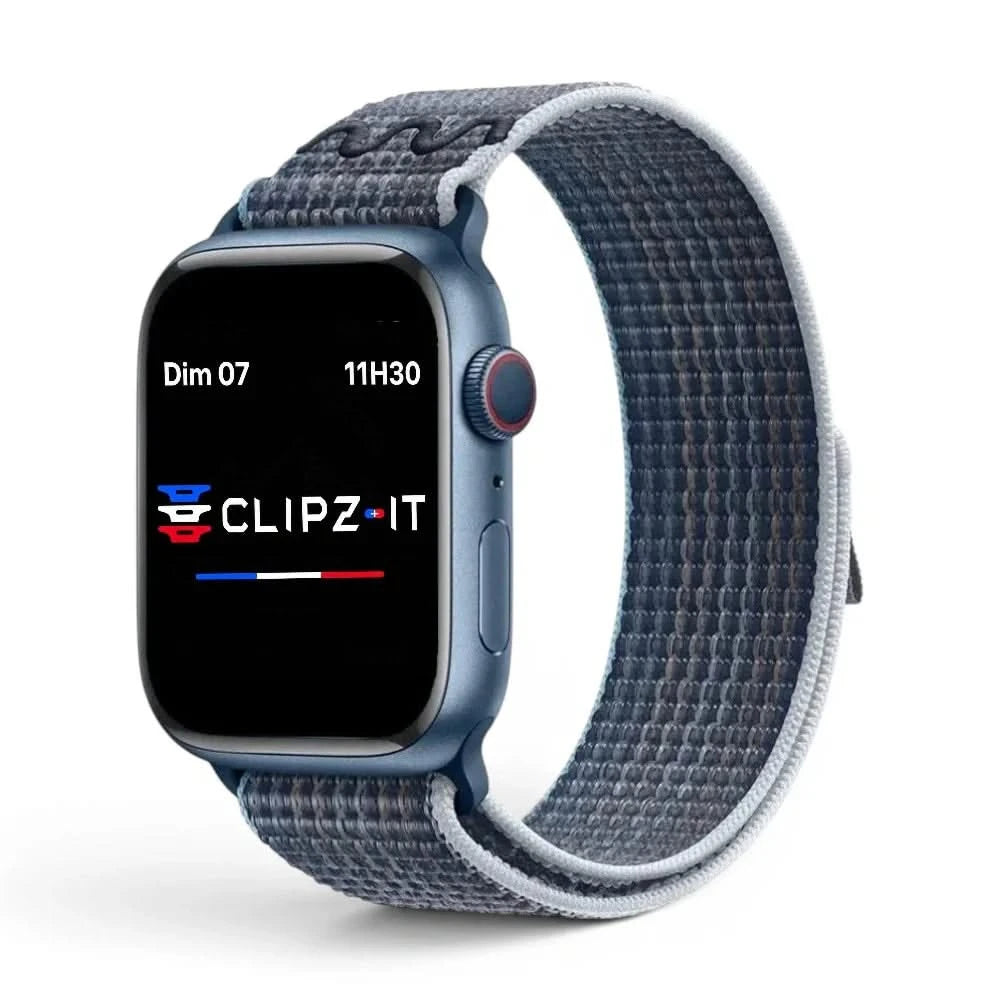 Bracelet Elastik nylon sportif bleu gris, vue de face - Apple Watch | Clipz-it