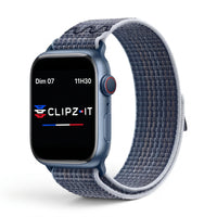 Bracelet Elastik nylon sportif bleu gris, vue de face - Apple Watch | Clipz-it