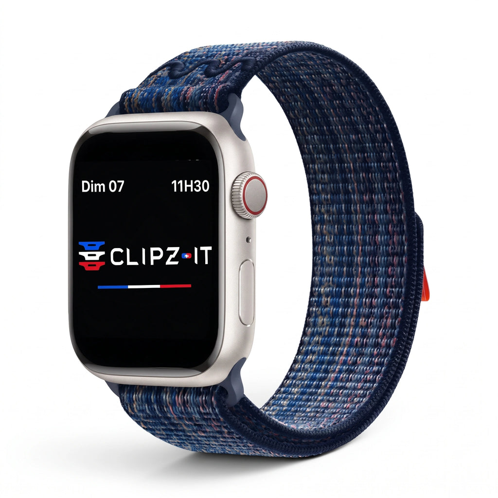 Bracelet Elastik nylon sportif bleu nuit, vue de face - Apple Watch | Clipz-it