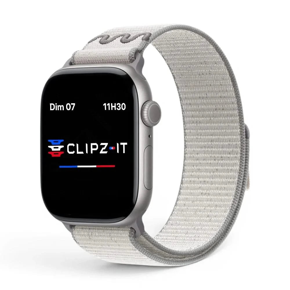 Bracelet Elastik nylon sportif gris, vue de face - Apple Watch | Clipz-it