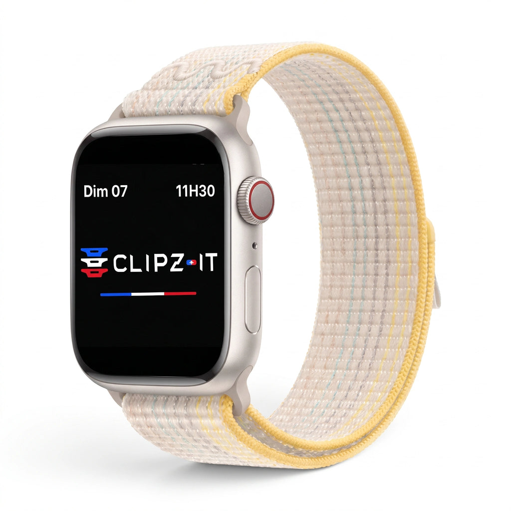 Bracelet Elastik nylon sportif jaune, vue de face - Apple Watch | Clipz-it