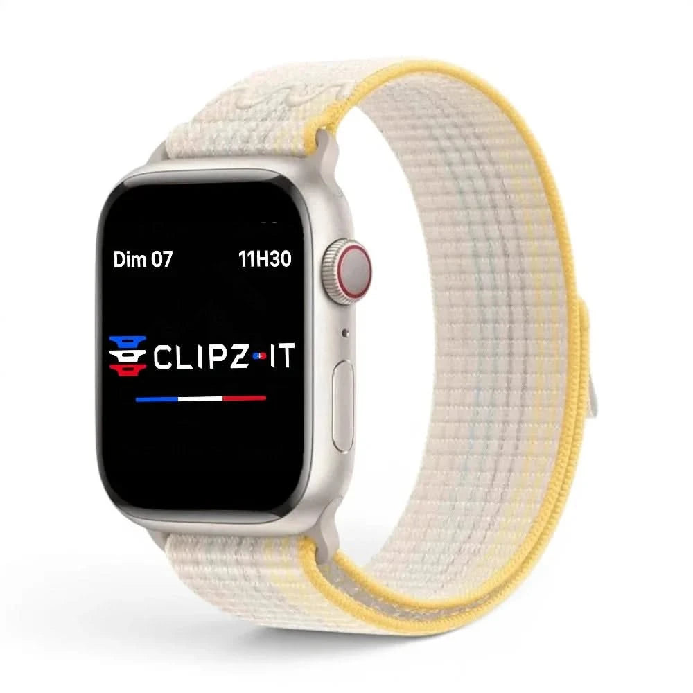 Bracelet Elastik nylon sportif jaune, vue de face - Apple Watch | Clipz-it