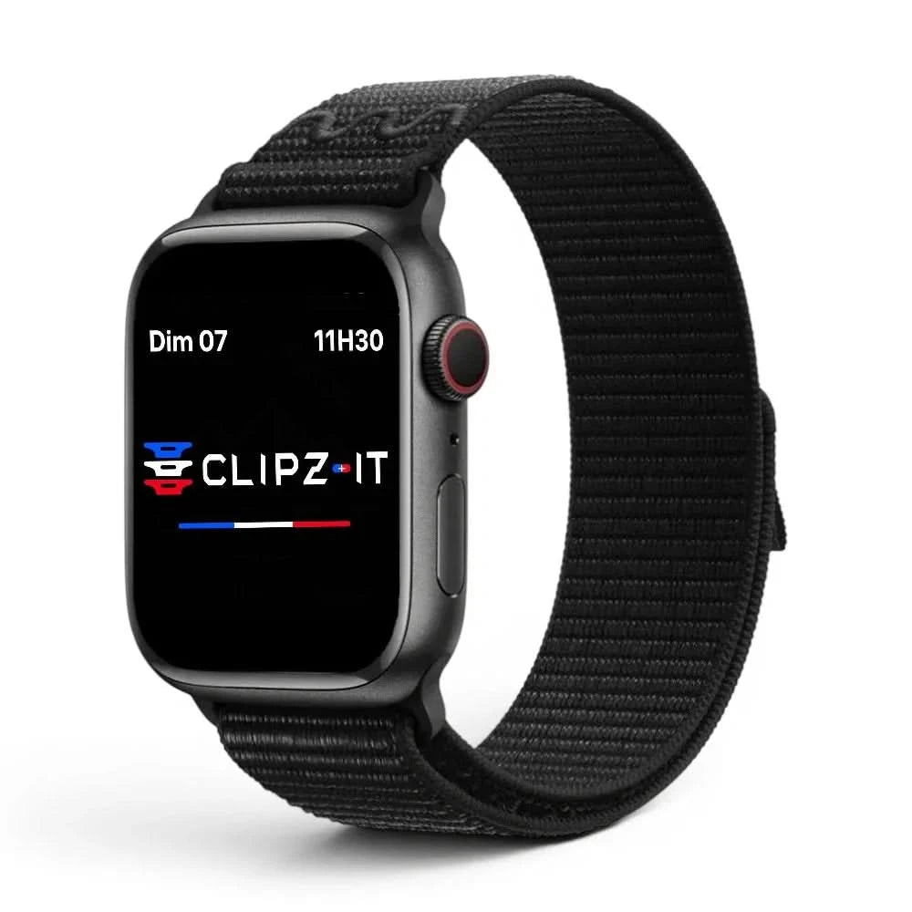 Bracelet Elastik nylon sportif noir, vue de face - Apple Watch | Clipz-it