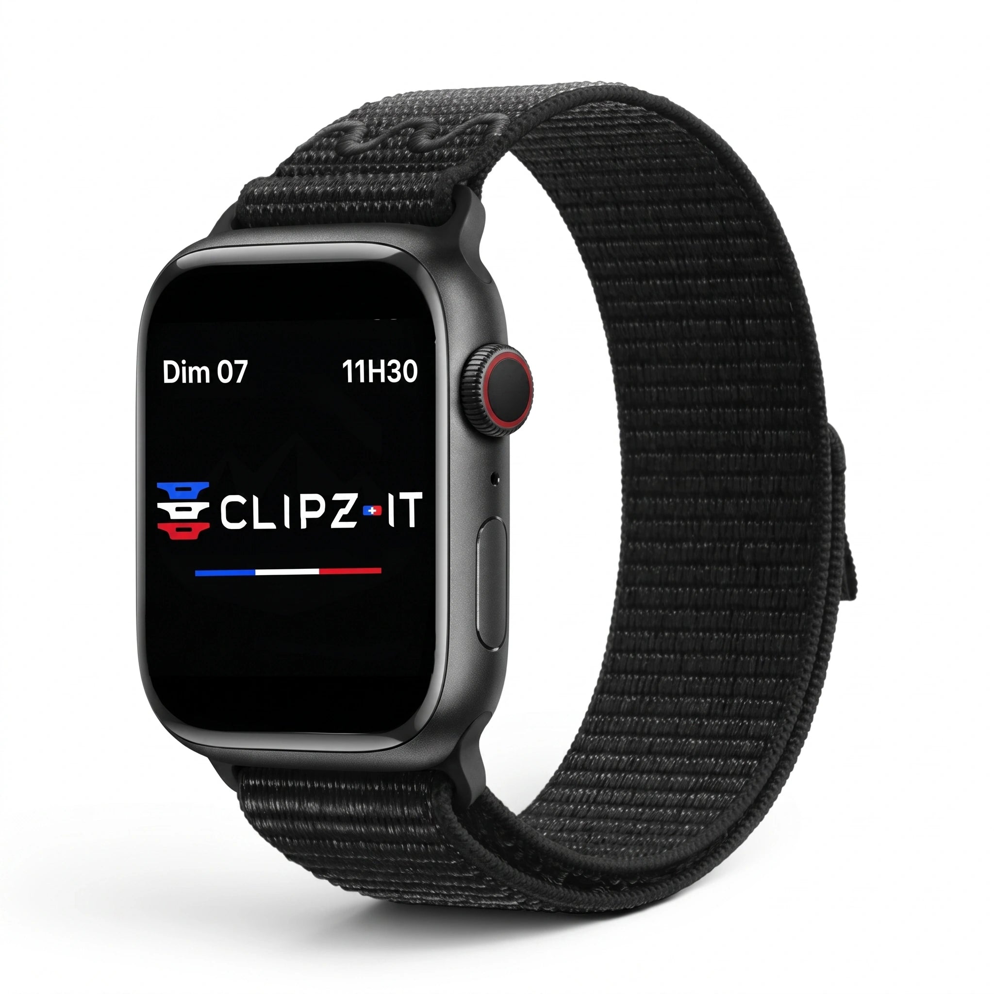 Bracelet Elastik nylon sportif noir, vue de face - Apple Watch | Clipz-it