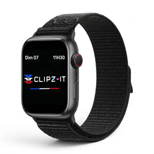 Bracelet Elastik nylon sportif noir, vue de face - Apple Watch | Clipz-it