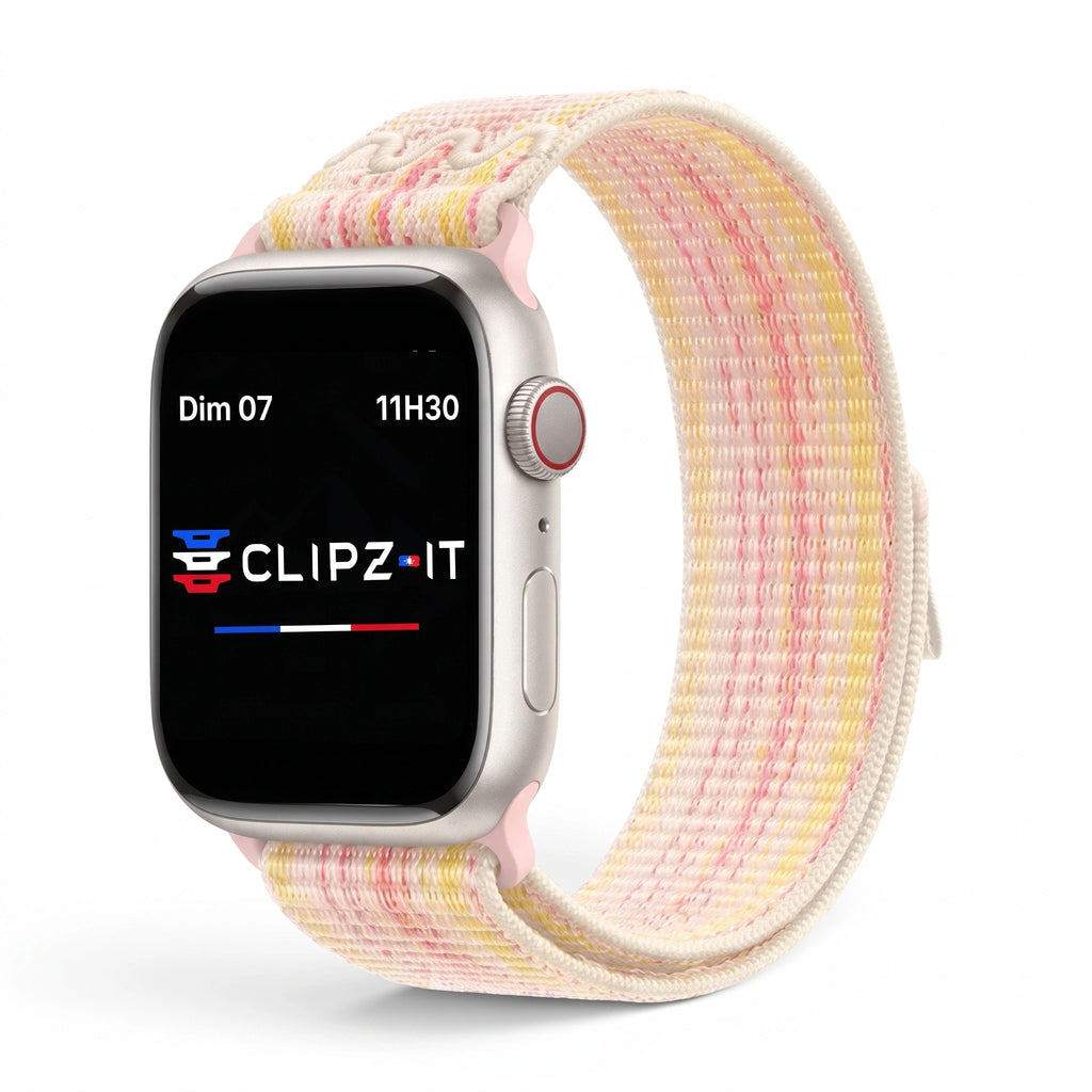 Bracelet Elastik nylon sportif rose, vue de face - Apple Watch | Clipz-it