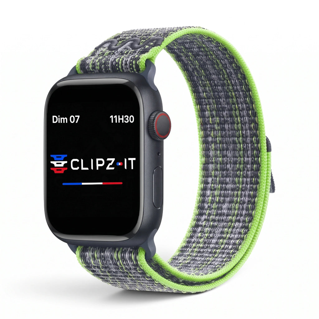 Bracelet Elastik nylon sportif vert, vue de face - Apple Watch | Clipz-it