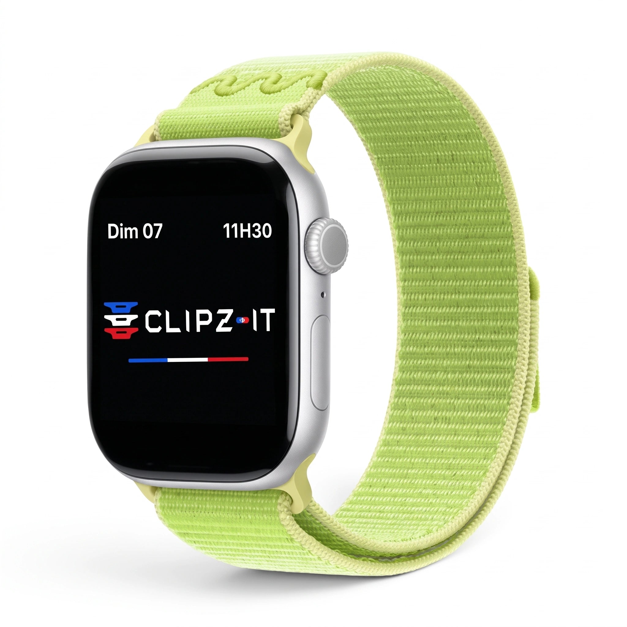 Bracelet Elastik nylon sportif vert fluo, vue de face - Apple Watch | Clipz-it