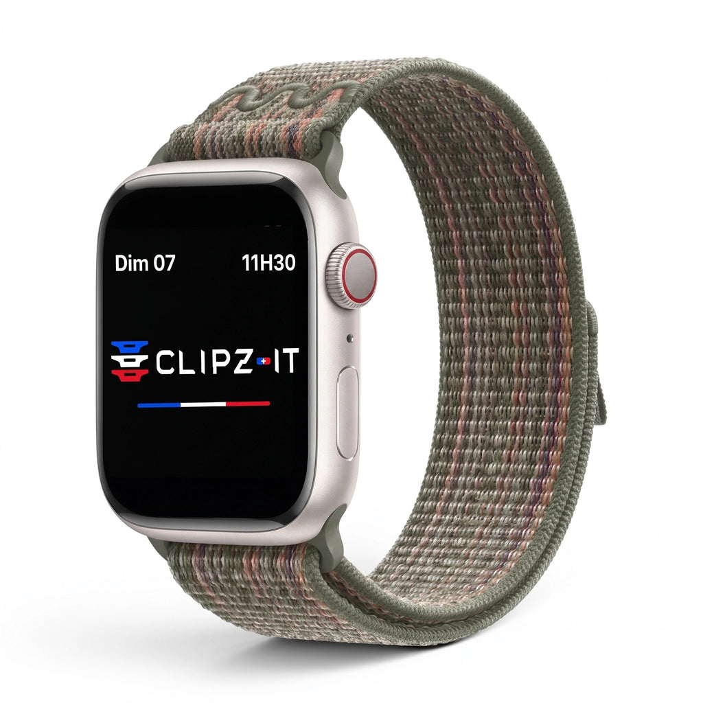 Bracelet Elastik nylon sportif vert militaire, vue de face - Apple Watch | Clipz-it