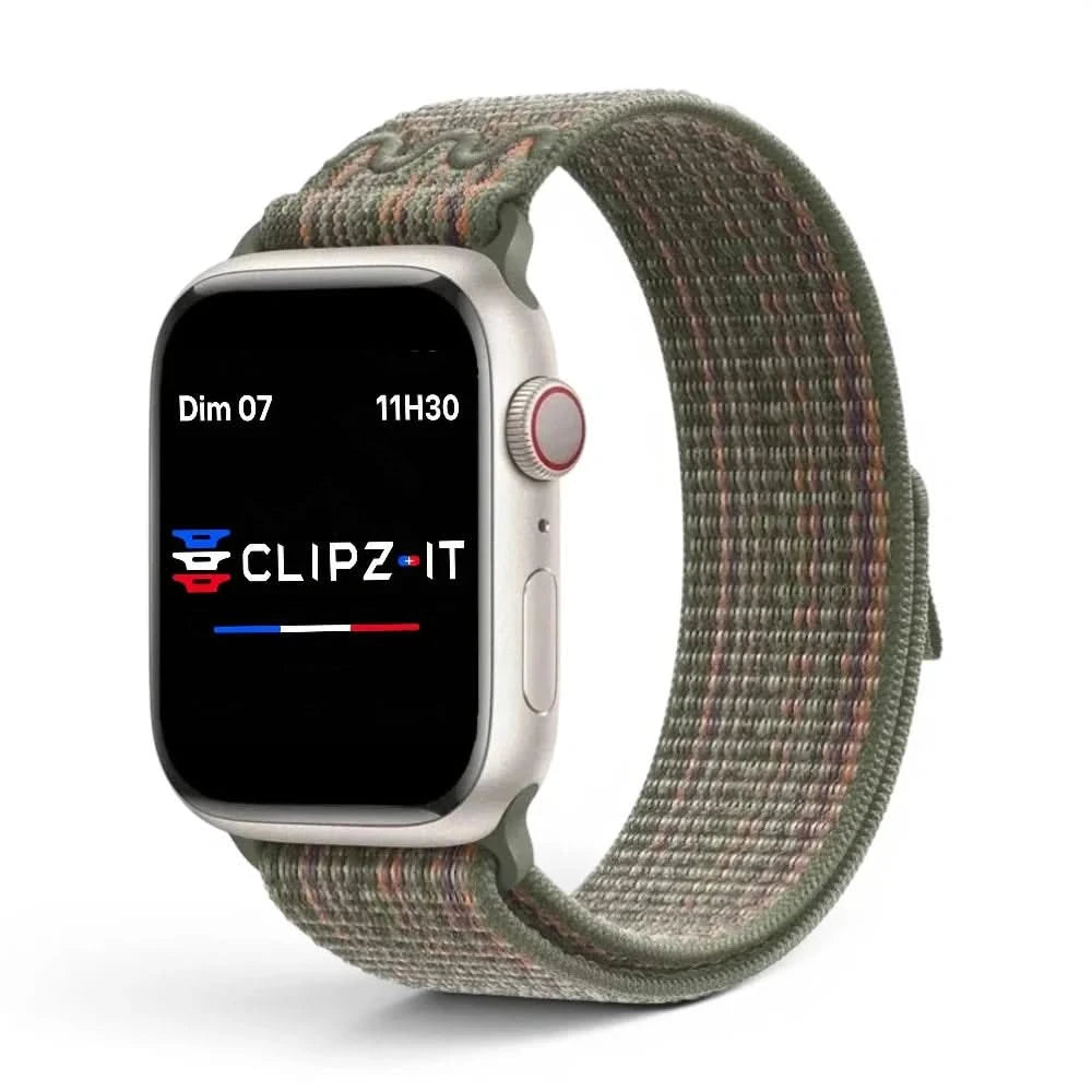 Bracelet Elastik nylon sportif vert militaire, vue de face - Apple Watch | Clipz-it