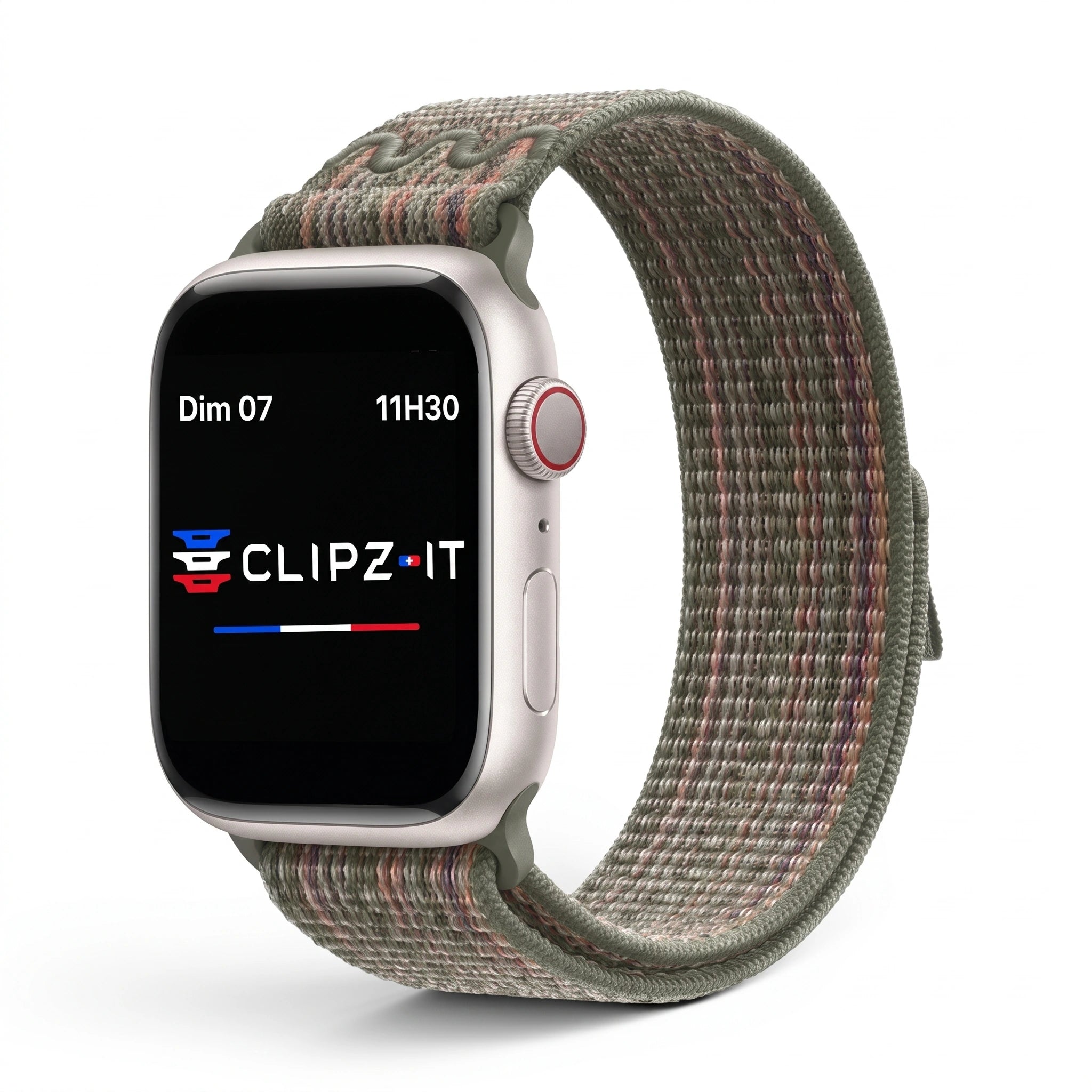 Bracelet Elastik nylon sportif vert militaire, vue de face - Apple Watch | Clipz-it