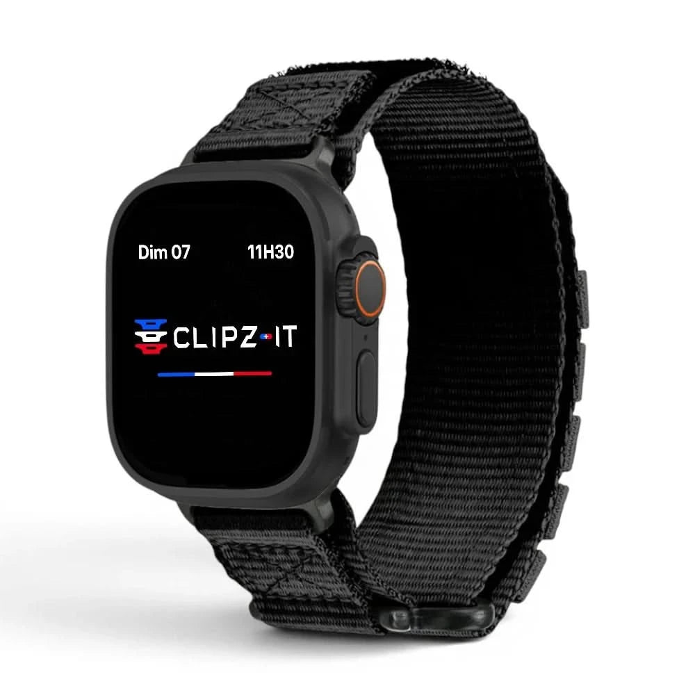 Bracelet Expedition nylon aventure noir, vue de face - Apple Watch | Clipz-it