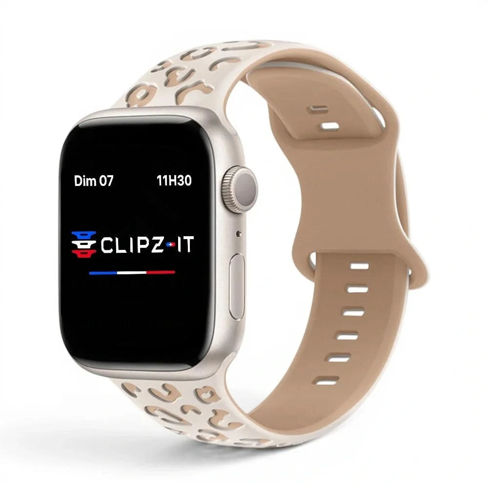 Bracelet Fauve silicone imprimé beige, vue de face - Apple Watch | Clipz-it