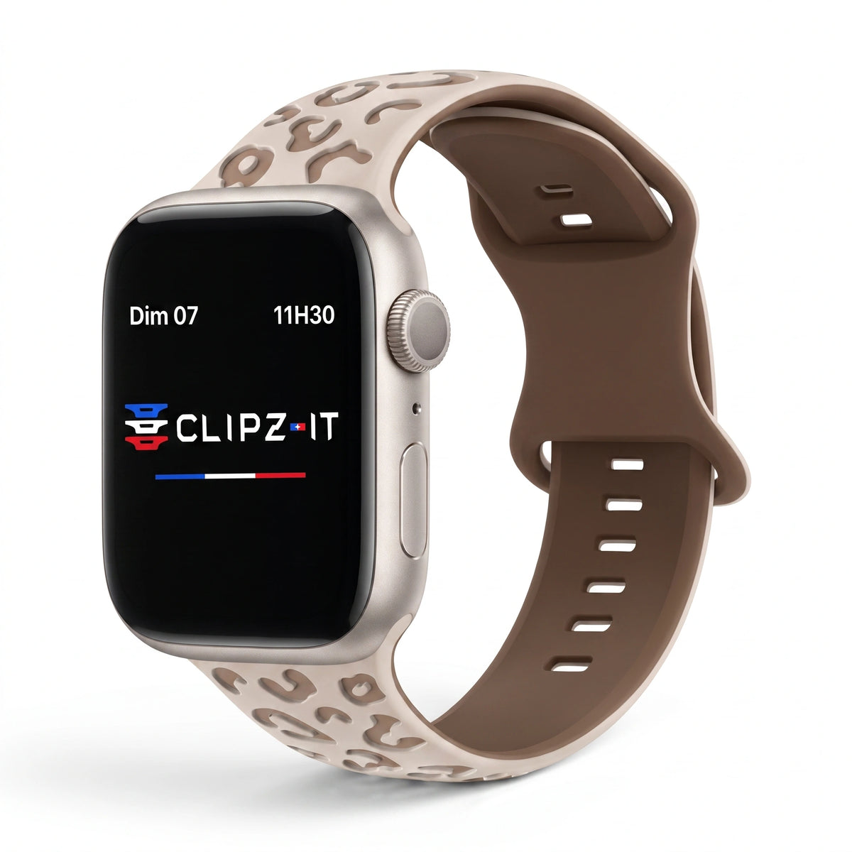 Correa Fauve de silicona con estampado beige, vista frontal - Apple Watch | Clipz-it