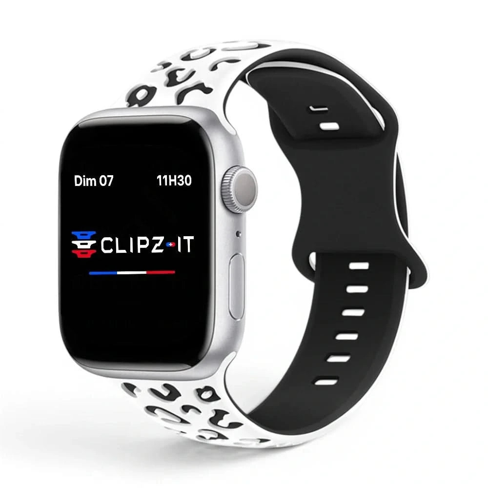 Bracelet Fauve silicone imprimé blanc, vue de face - Apple Watch | Clipz-it