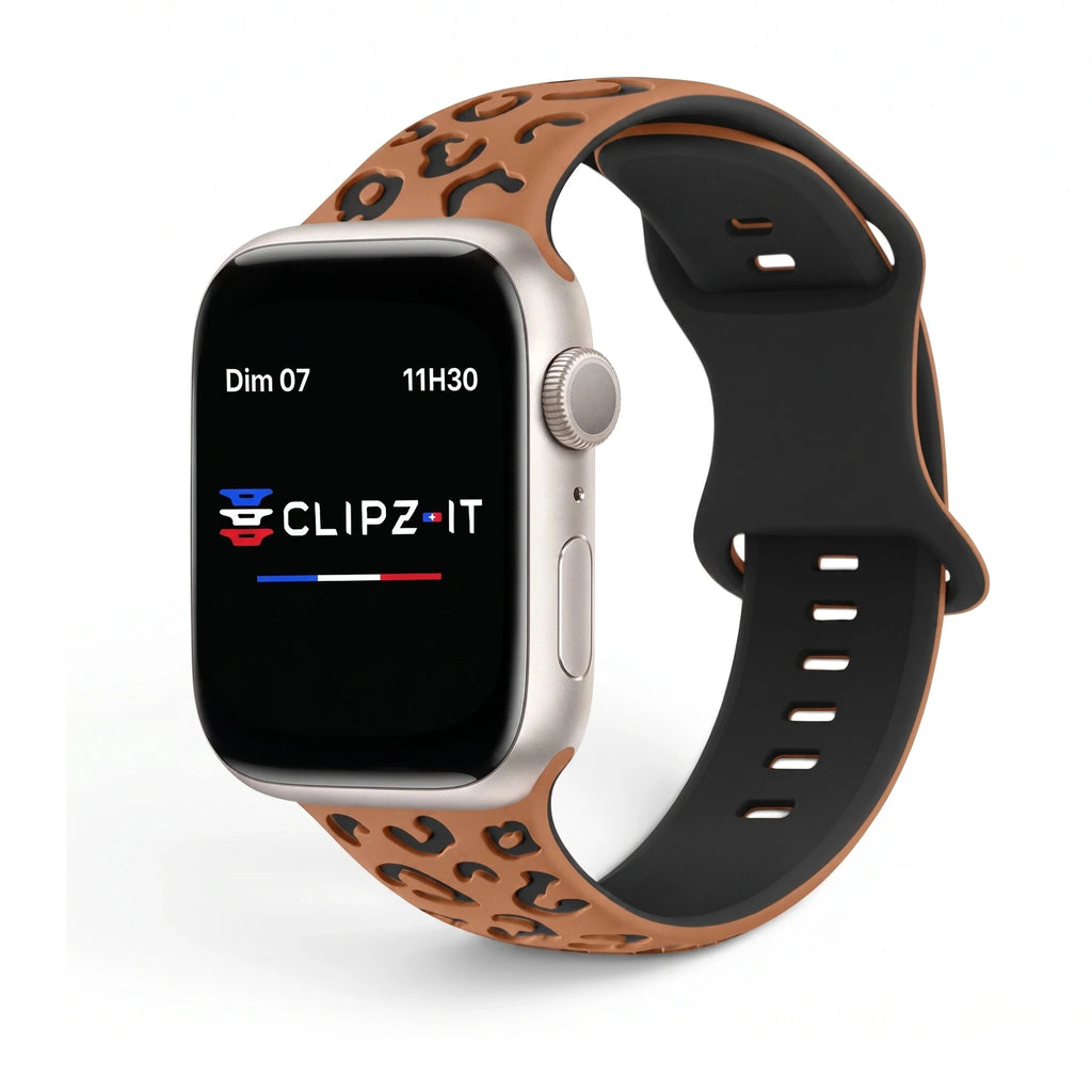 Correa Fauve de silicona con estampado de guepardo, vista frontal - Apple Watch | Clipz-it