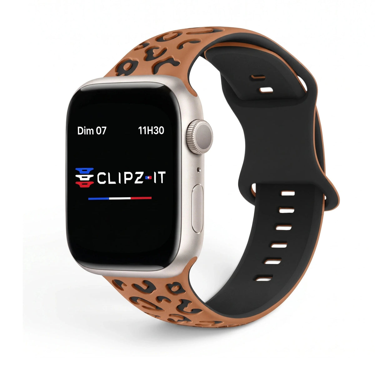 Correa Fauve de silicona con estampado de guepardo, vista frontal - Apple Watch | Clipz-it