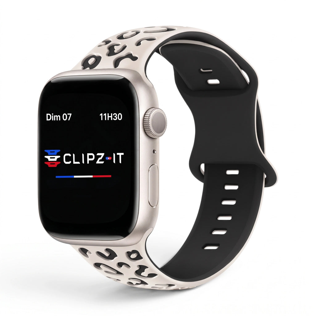 Correa Fauve de silicona con estampado de leopardo, vista frontal - Apple Watch | Clipz-it