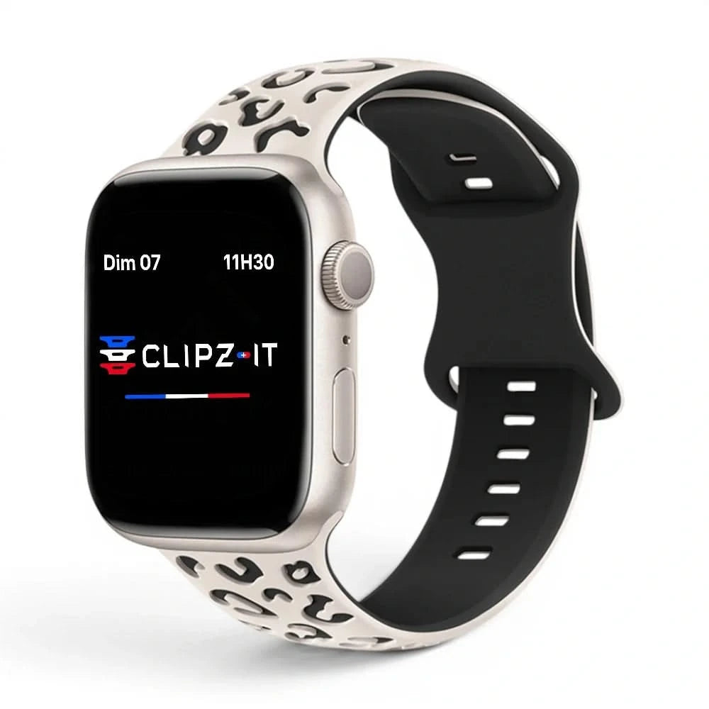 Bracelet Fauve silicone imprimé léopard, vue de face - Apple Watch | Clipz-it