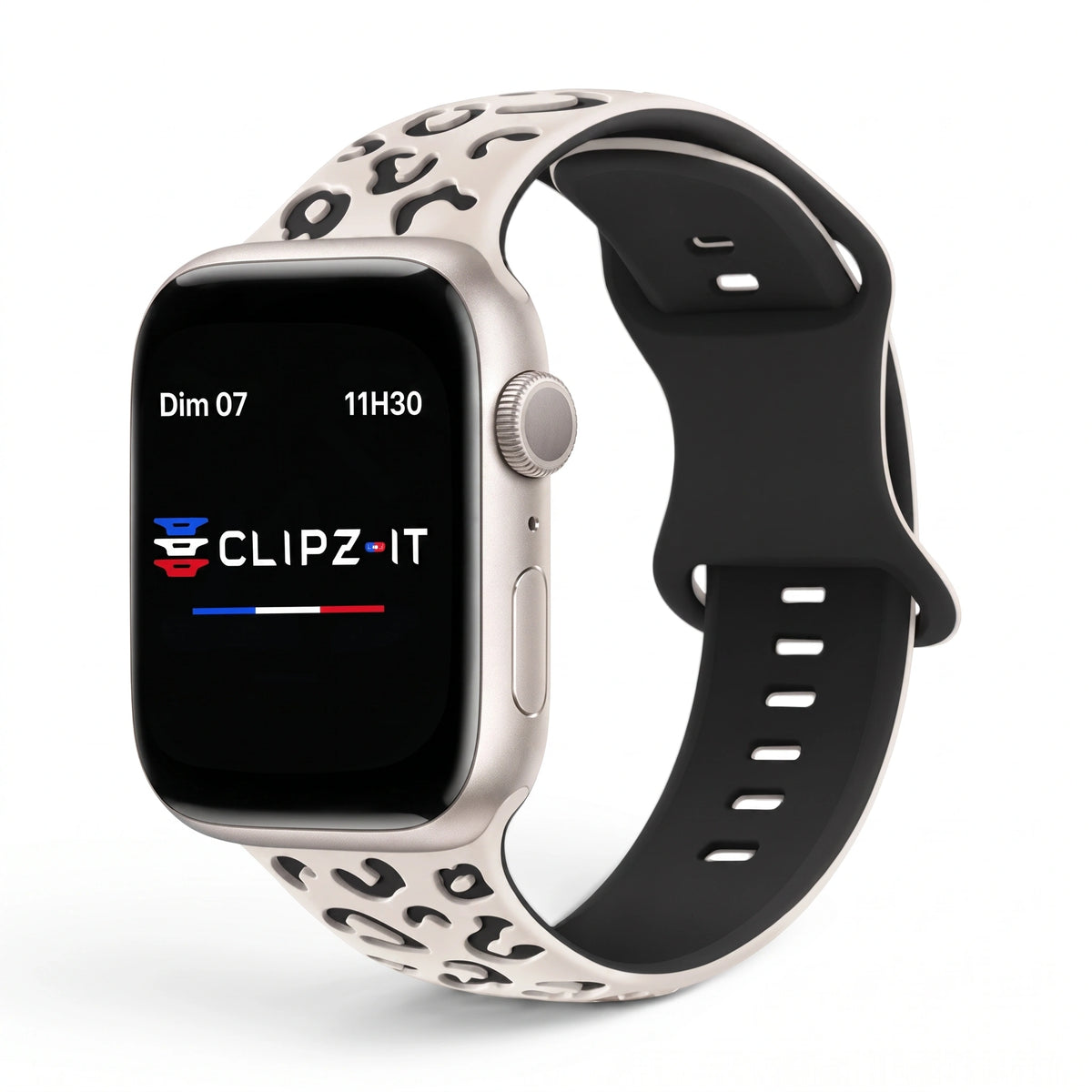 Correa Fauve de silicona con estampado de leopardo, vista frontal - Apple Watch | Clipz-it