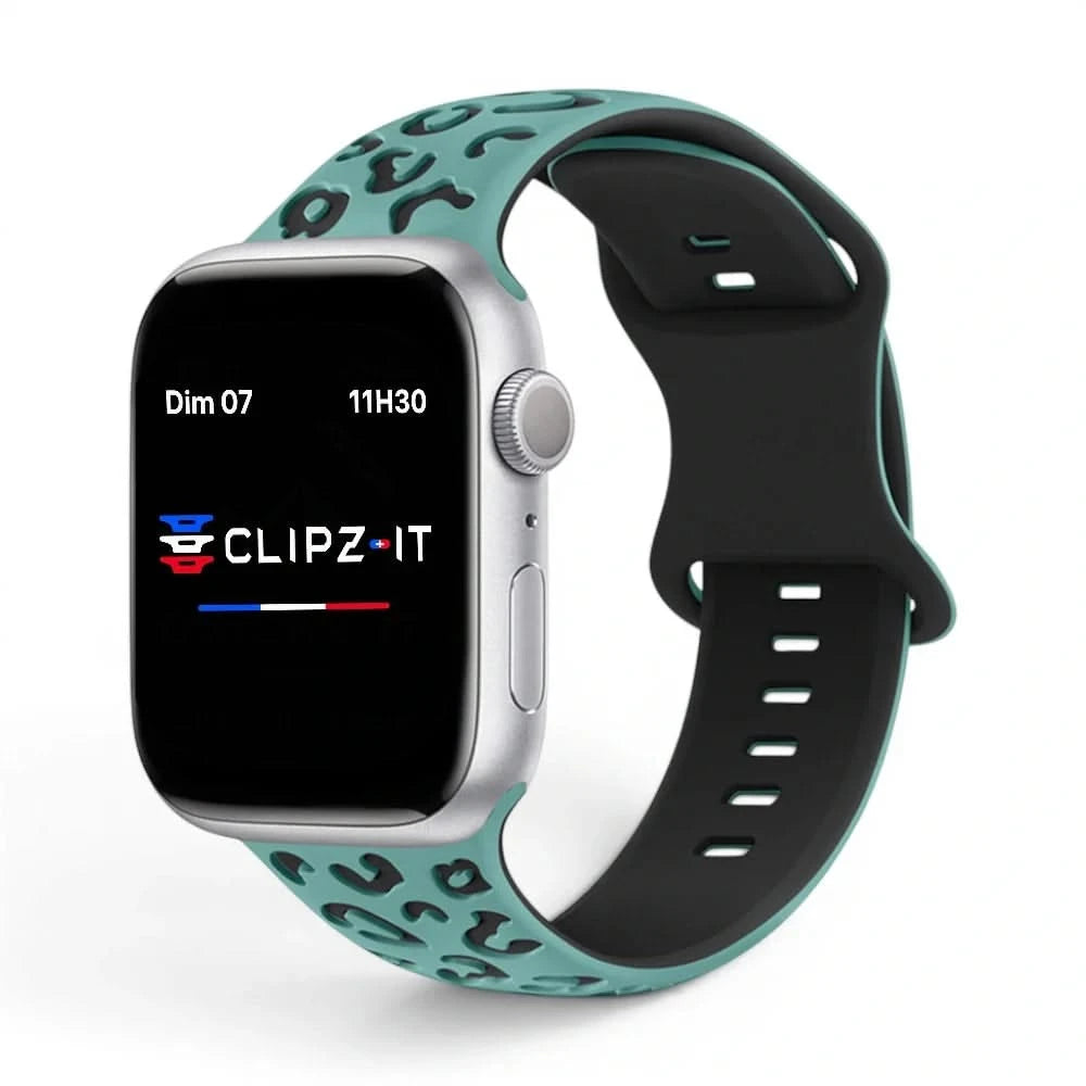 Bracelet Fauve silicone imprimé menthe, vue de face - Apple Watch | Clipz-it