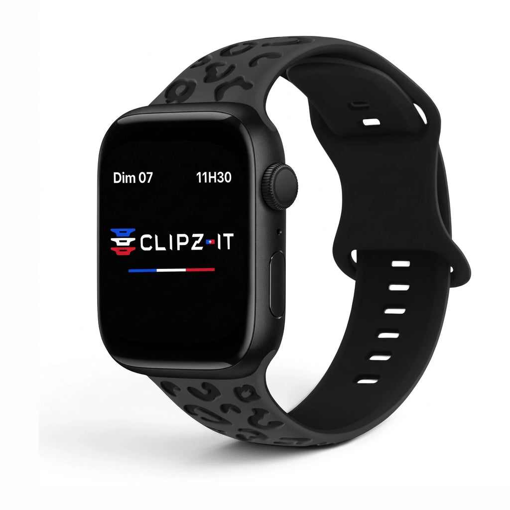 Correa Fauve de silicona con estampado negro, vista frontal - Apple Watch | Clipz-it
