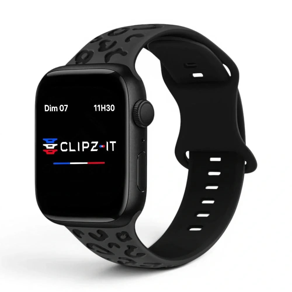 Bracelet Fauve silicone imprimé noir, vue de face - Apple Watch | Clipz-it