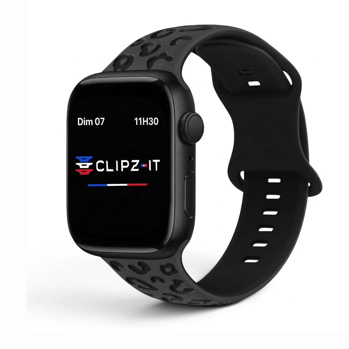 Correa Fauve de silicona con estampado negro, vista frontal - Apple Watch | Clipz-it